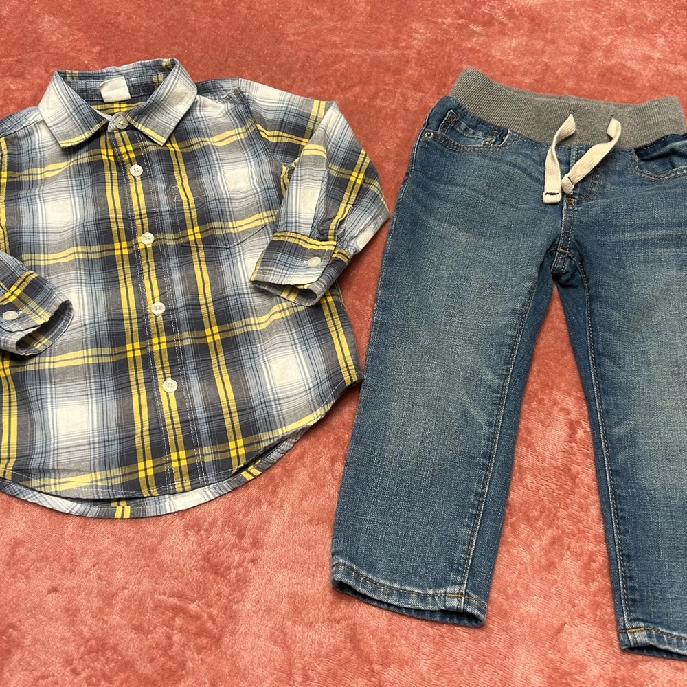 GAP Toddler Blue Plaid Shirt and Denim Set
